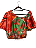 holiday Blossom Top Rainforest Satin Off-Shoulder Puff Sleeve Crop L - Image 1