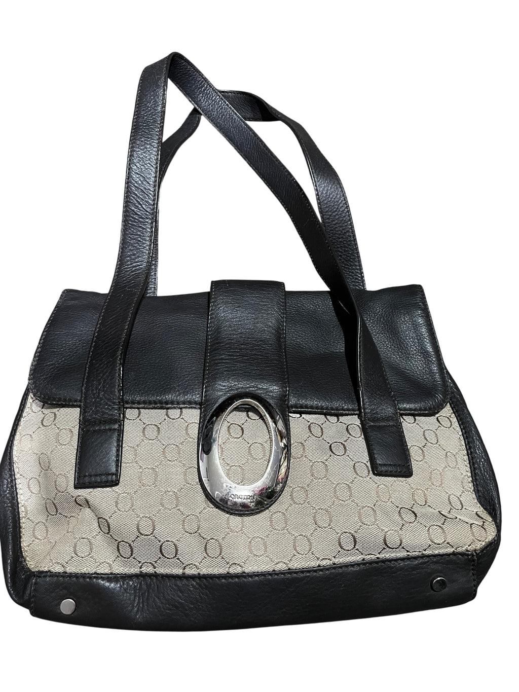 Oroton Black and Beige Logo Jacquard Shoulder Bag with Silver Hardware - Image 1