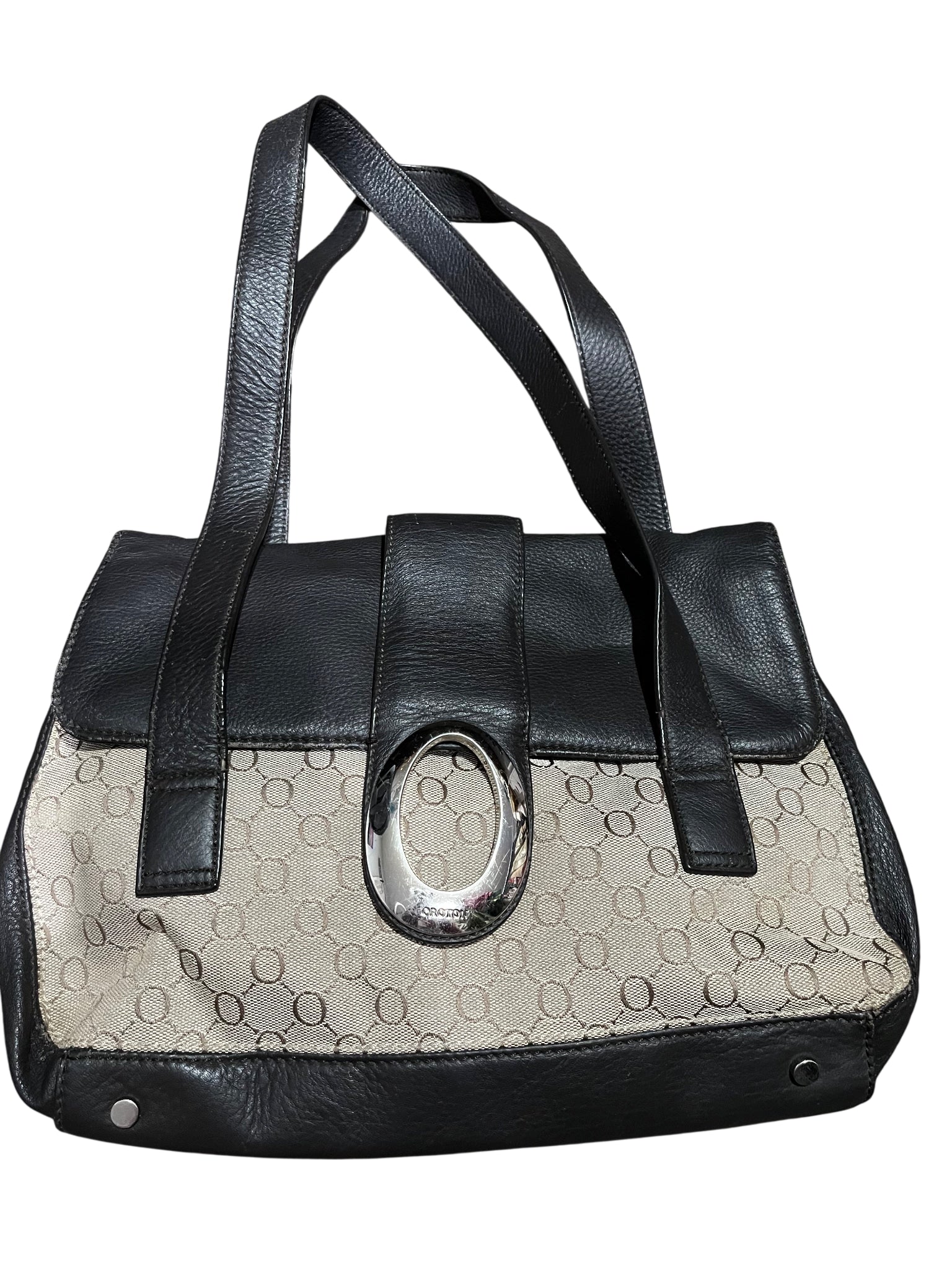 Oroton Black and Beige Logo Jacquard Shoulder Bag with Silver Hardware - Image 1