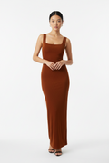 BWLDR Rust Orange Square Neck Ruched Maxi Dress