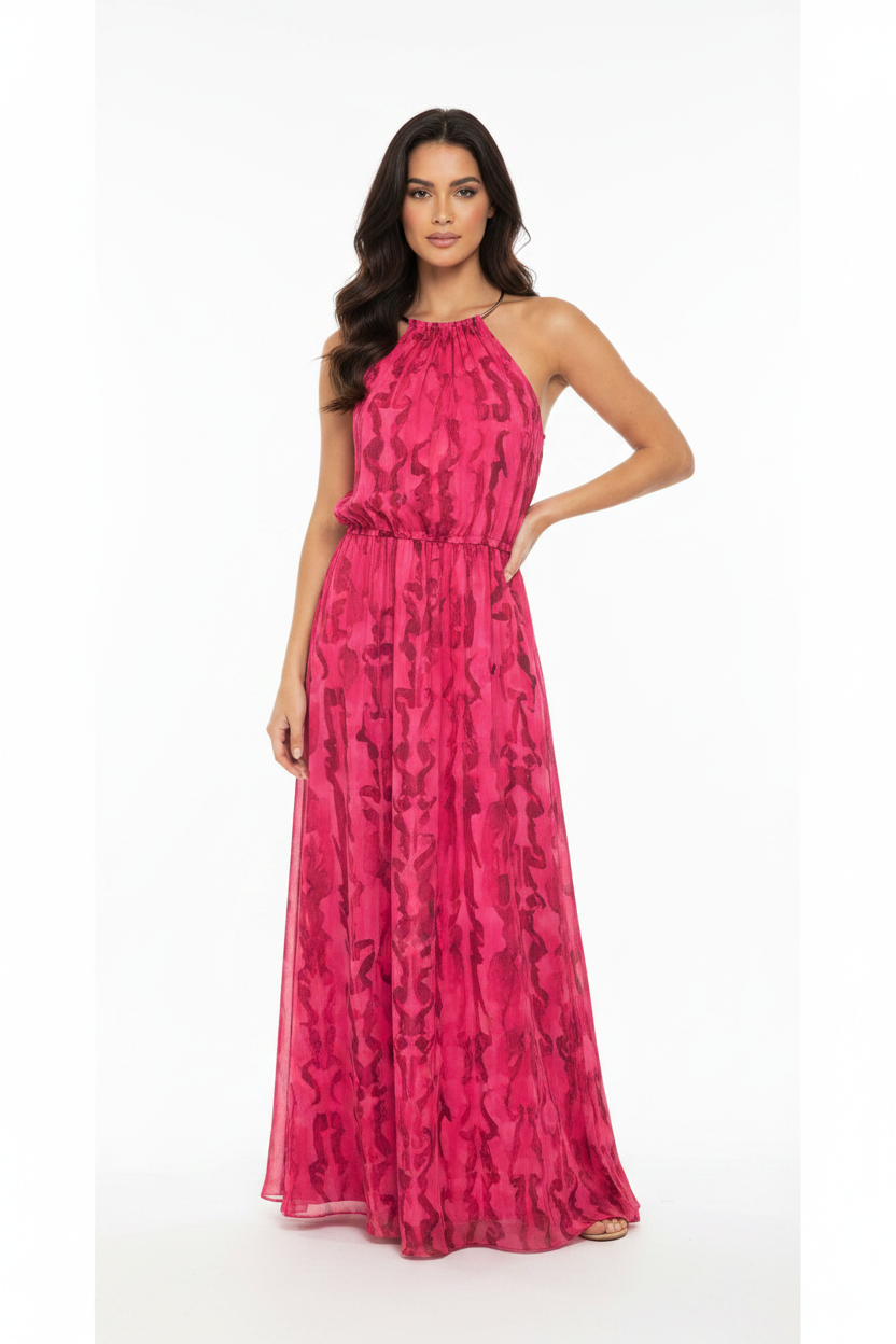 Witchery Pink Abstract Print Halter Neck Maxi Dress Size 10