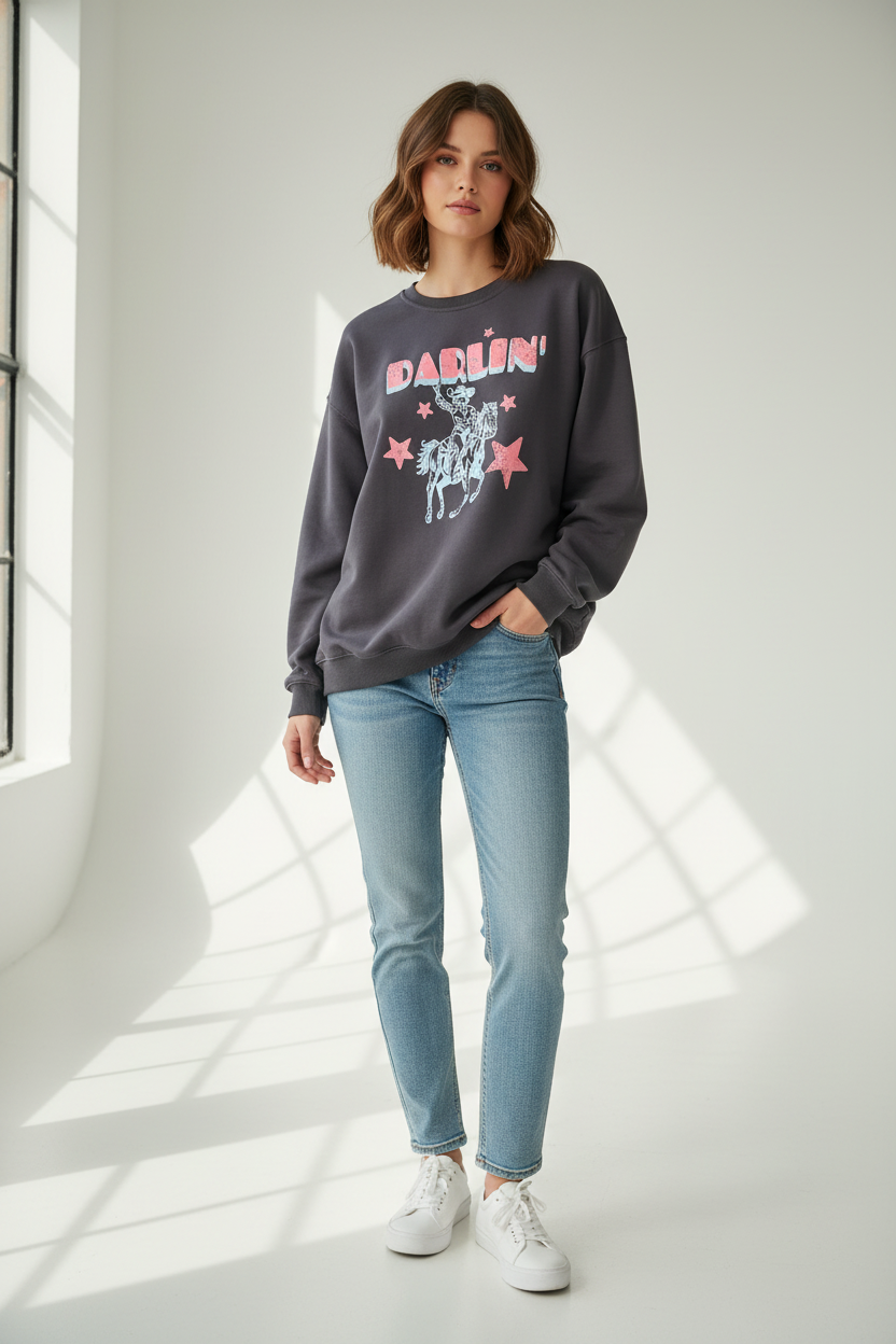 Paperheart Darlin' Cowboy Graphic Sweatshirt Stonewash Grey Size 10