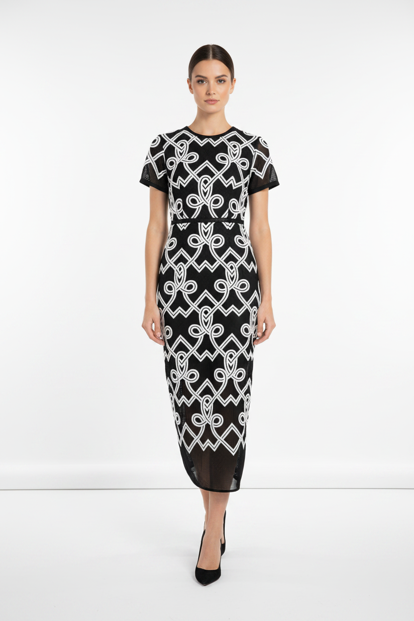 Manning Cartell Black and White Geometric Embroidered Midi Dress