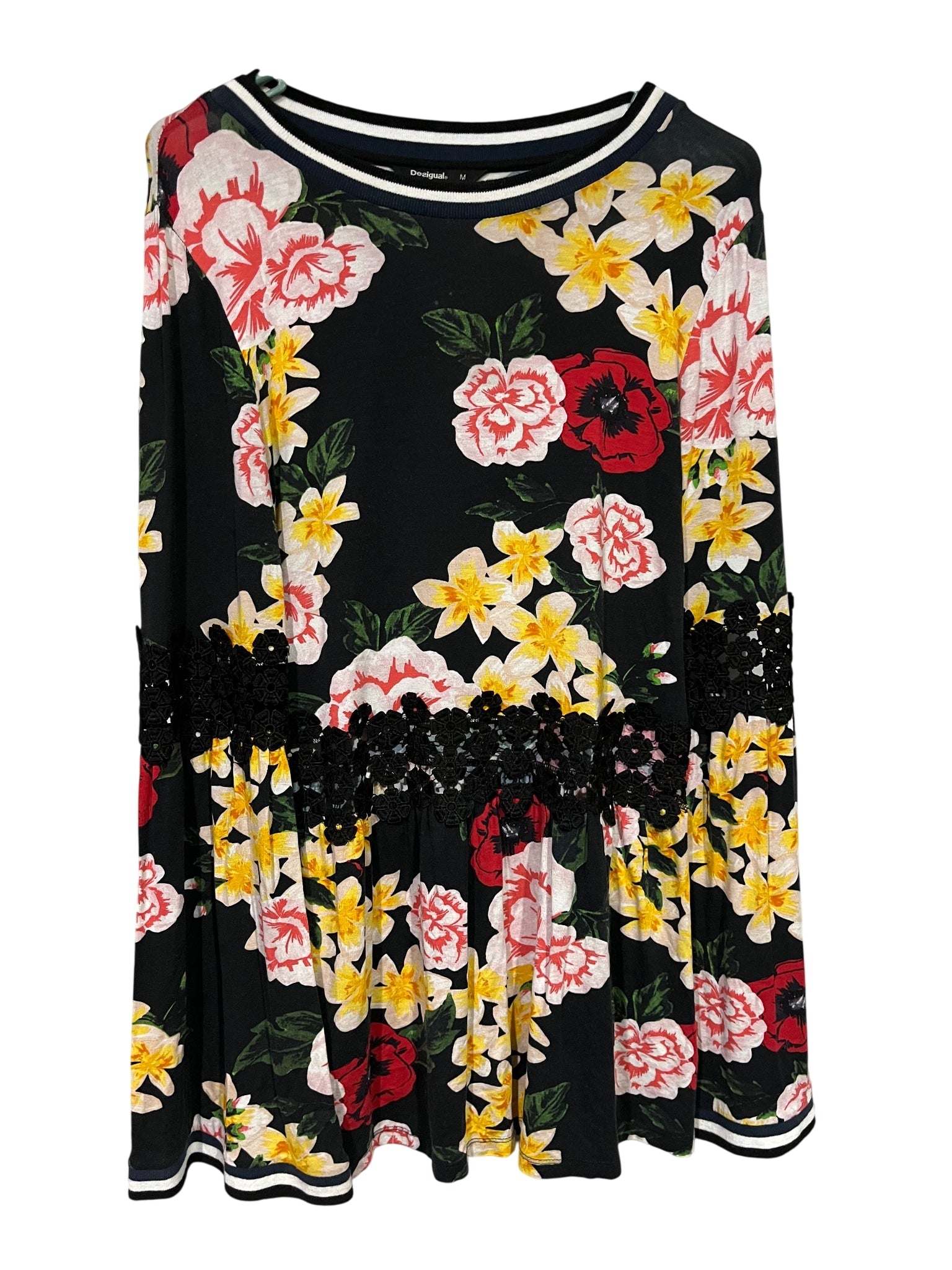 Desigual Floral Print Long Sleeve Peplum Top With Crochet Detail - Image 1