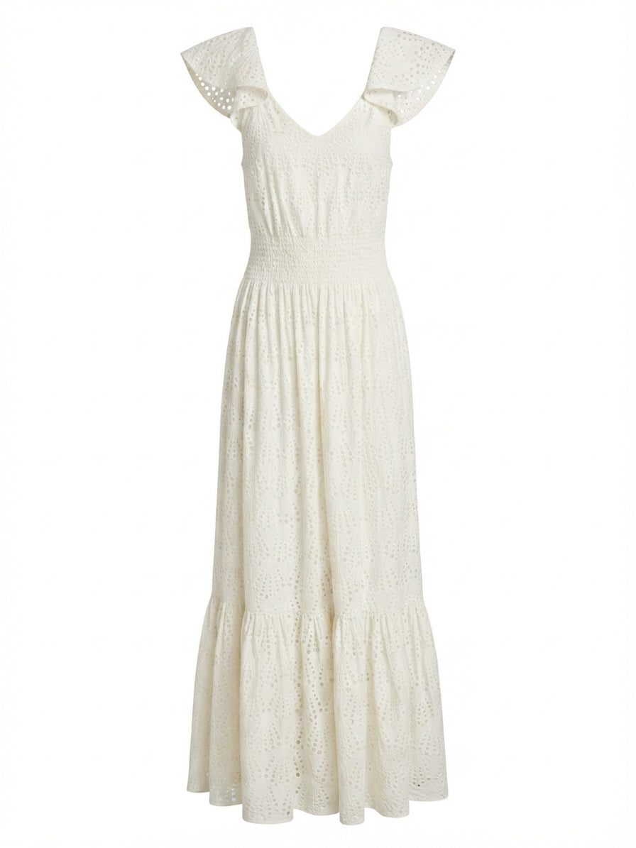 Something 4 Oliva White Eyelet Flutter Sleeve Maxi Dress - Image 1