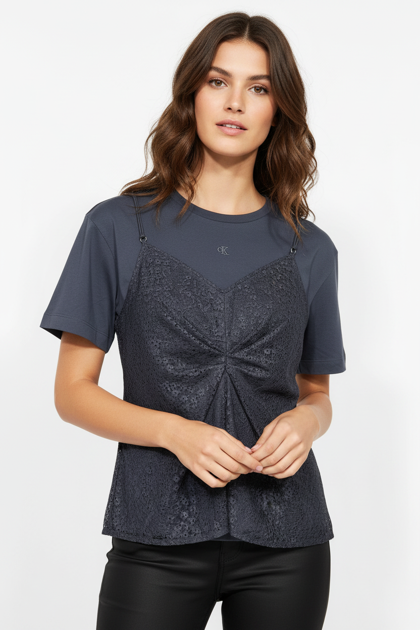 Calvin Klein Jeans Lace Overlay Mixed Media T-Shirt