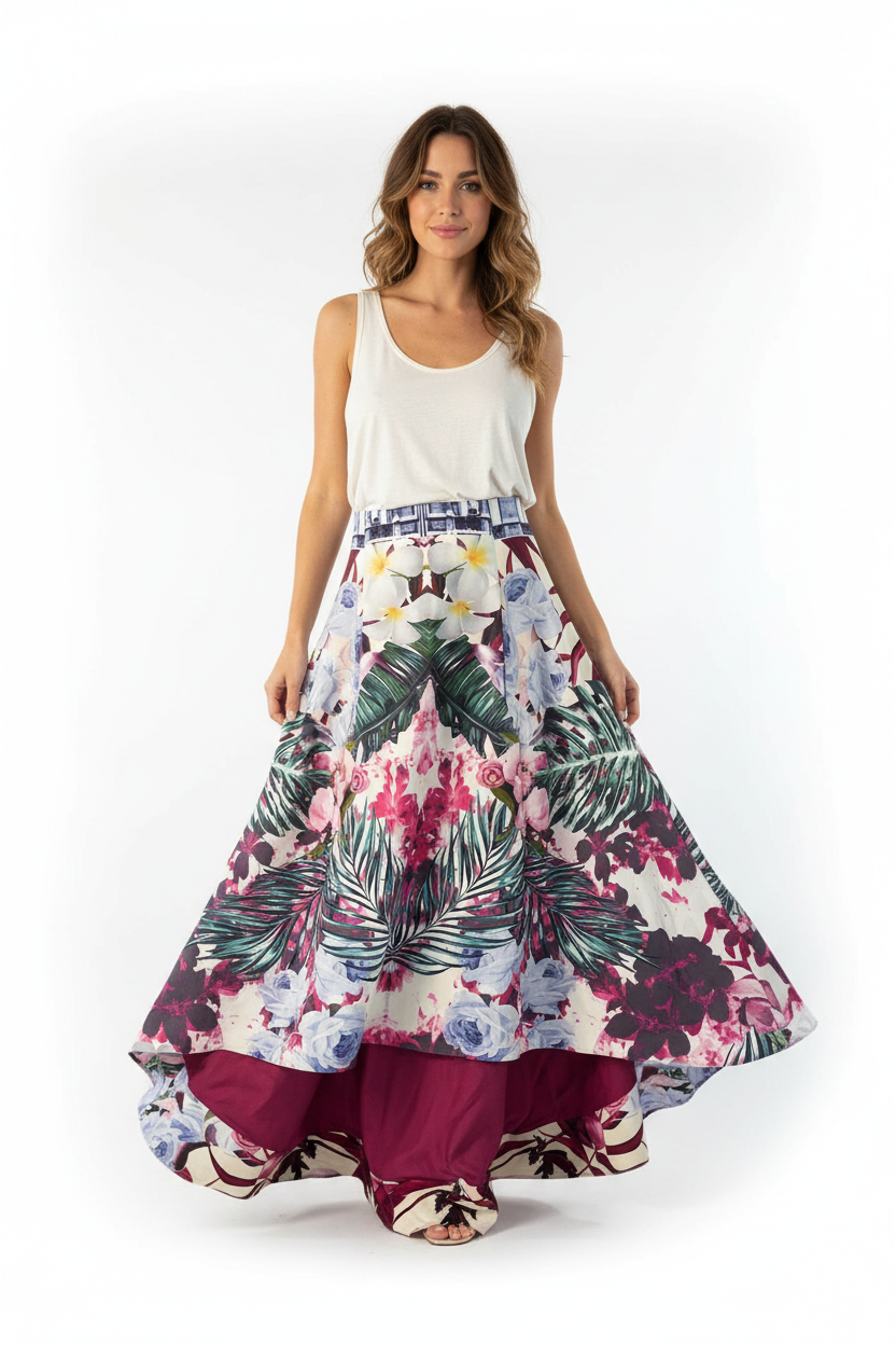 Mackenzie Mode Tropical Floral High-Low Midi Skirt Size 14