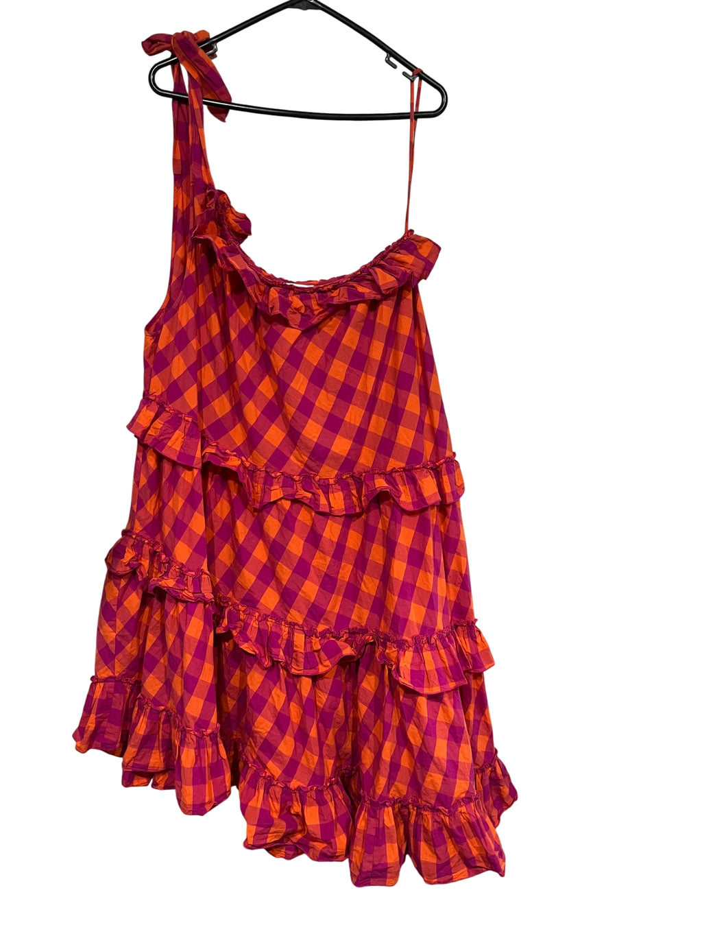 Gorman Pink & Orange Gingham One-Shoulder Tiered Mini Dress Size 12 - Image 1