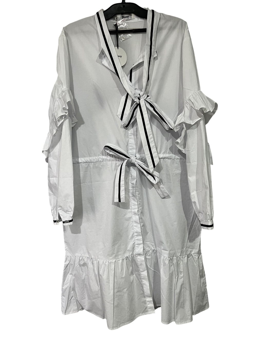 Binny White Cotton Shirt Dress With Black Striped Tie Detail Size 14 - Image 1