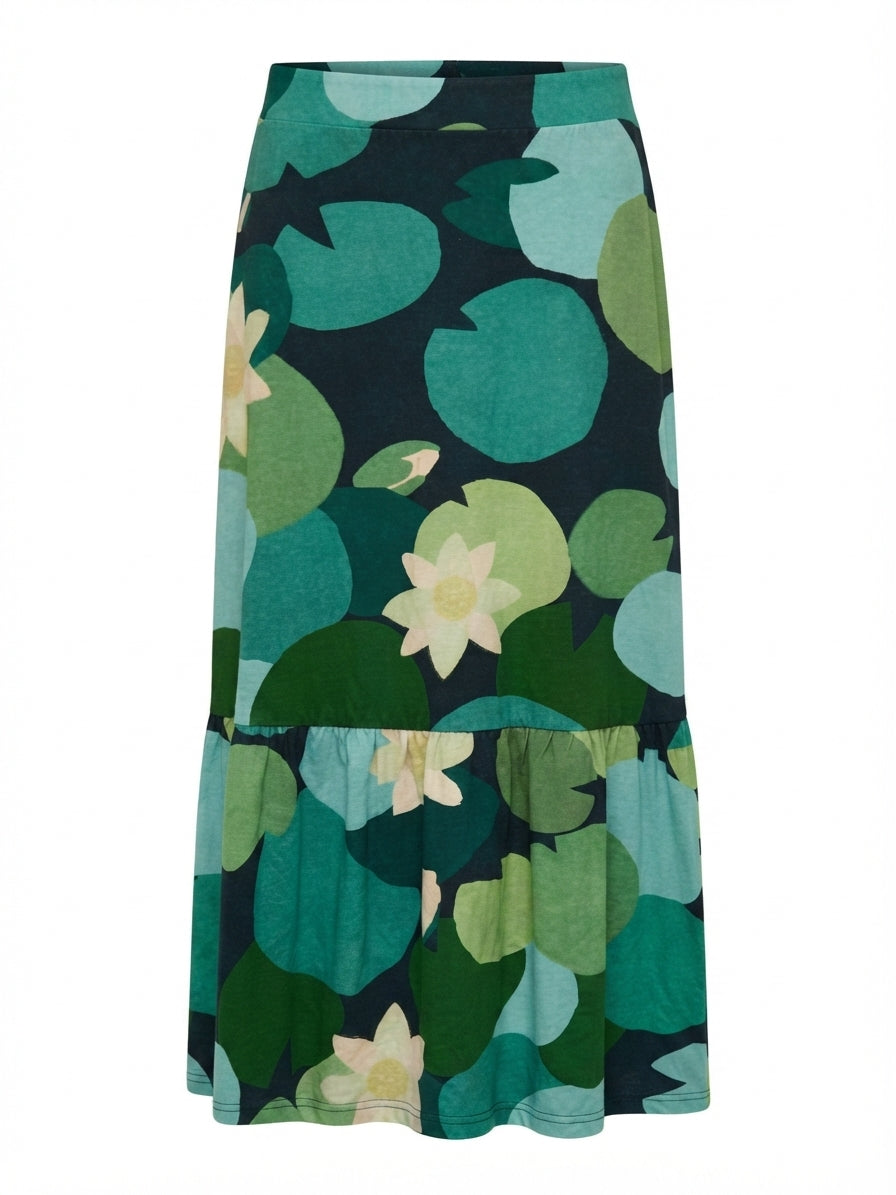 Scandi Bird Water Lily Print Tiered Midi Skirt Size 16 - Image 1