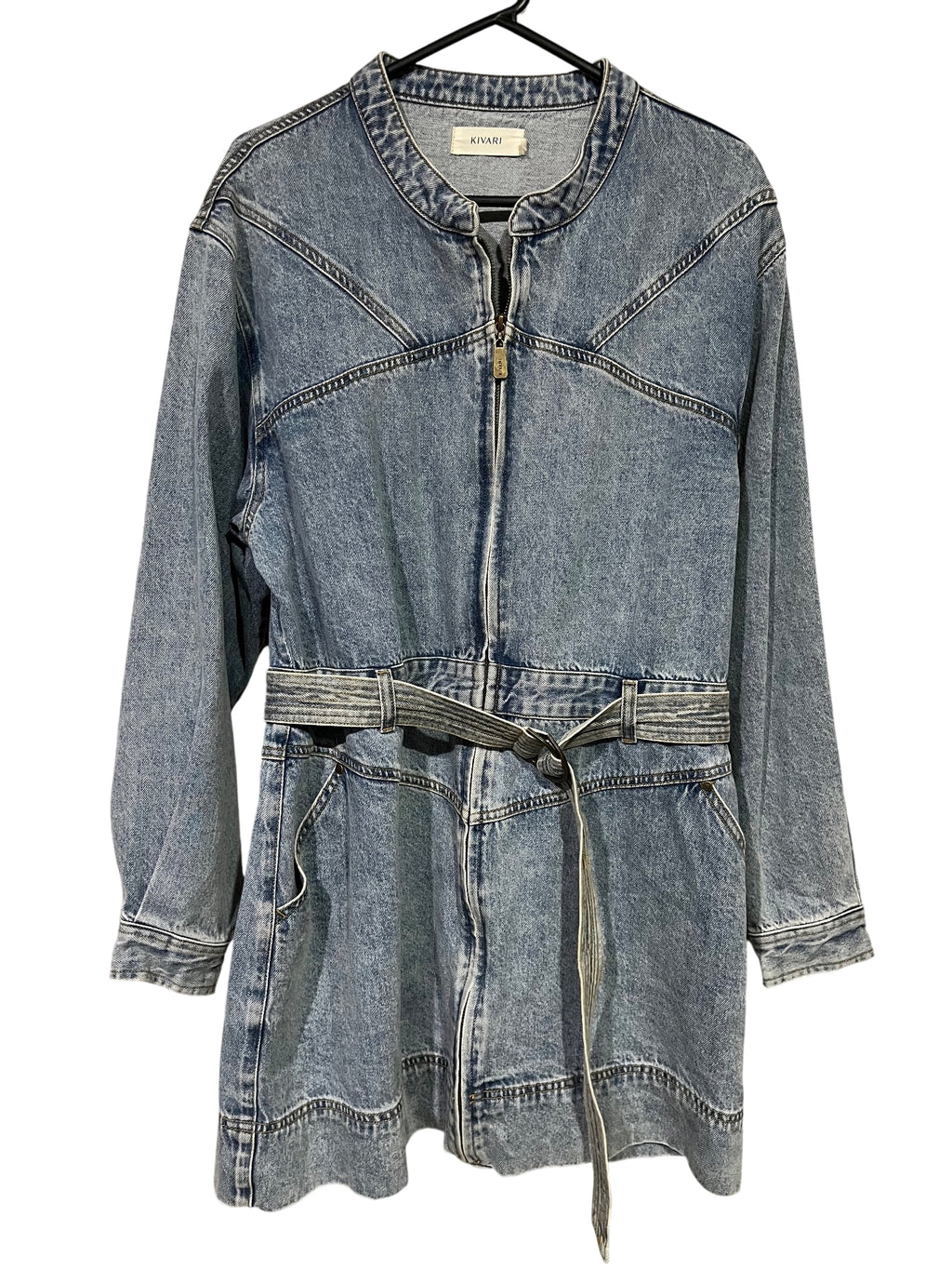 Kivari Acid Wash Denim Zip-Up Belted Dress - Image 1