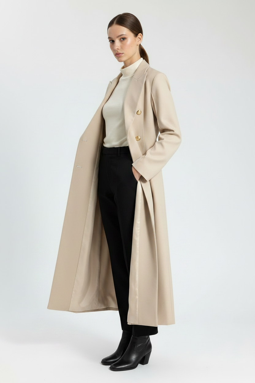 ASM ANNA Beige Double-Breasted Long Coat