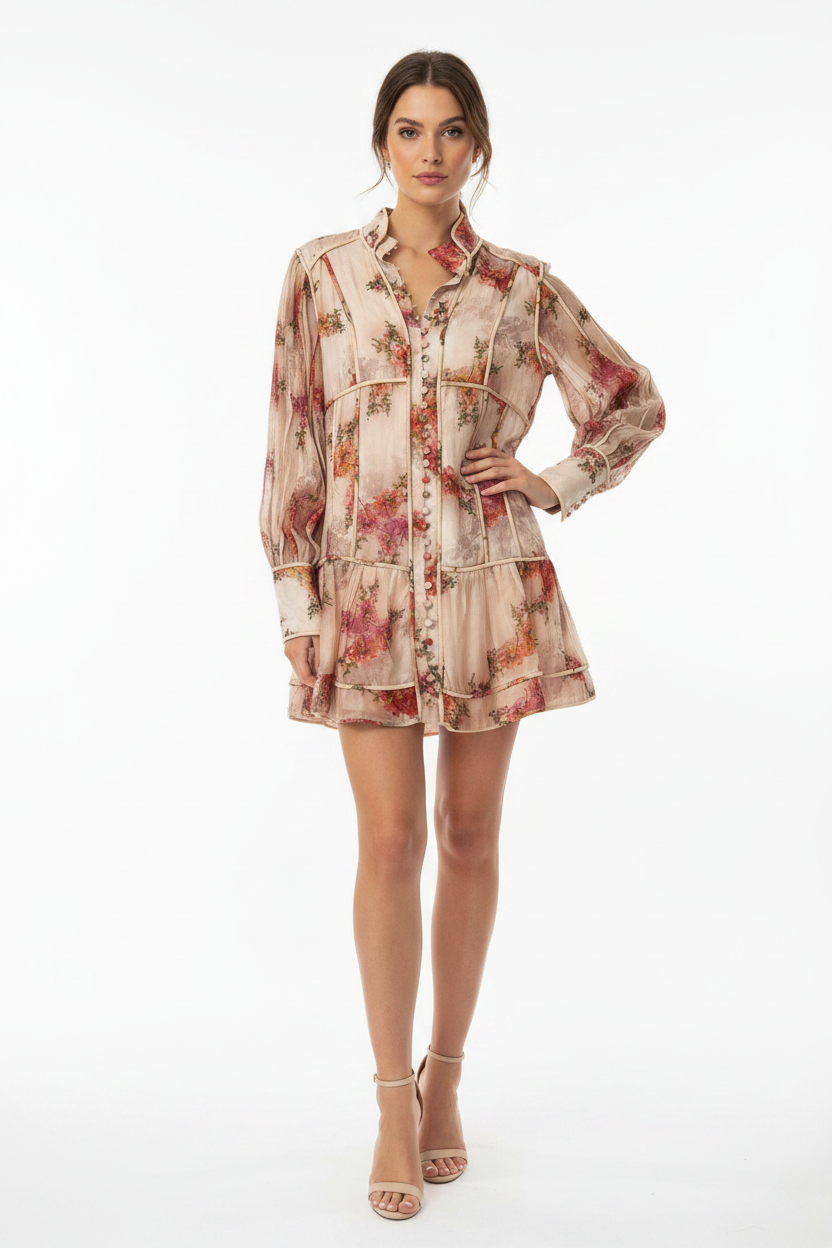Mackenziemode Floral Long Sleeve Mini Dress Pink AU 14