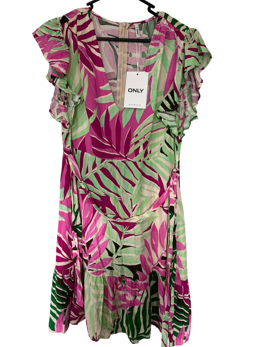 ONLY Tropical Leaf Print Ruffle Sleeve Mini Dress Size S - Image 1
