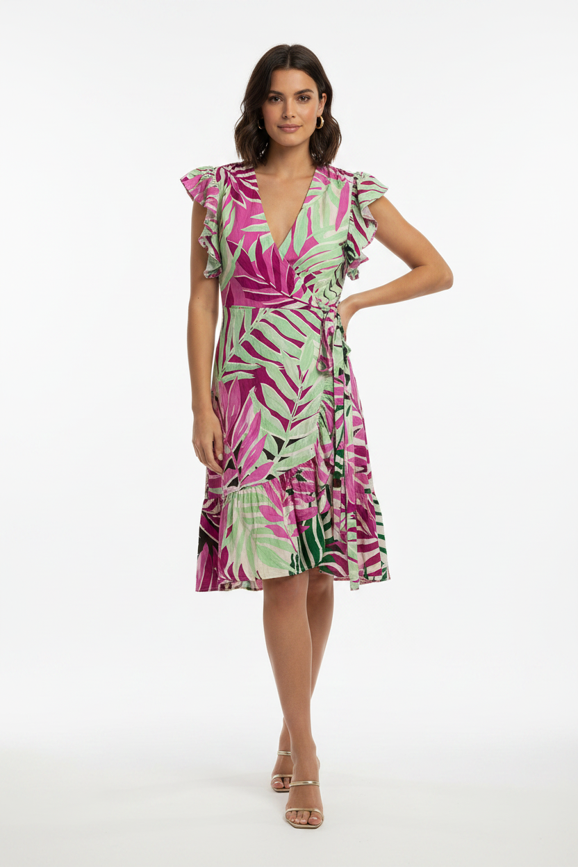 ONLY Tropical Leaf Print Ruffle Sleeve Mini Dress Size S