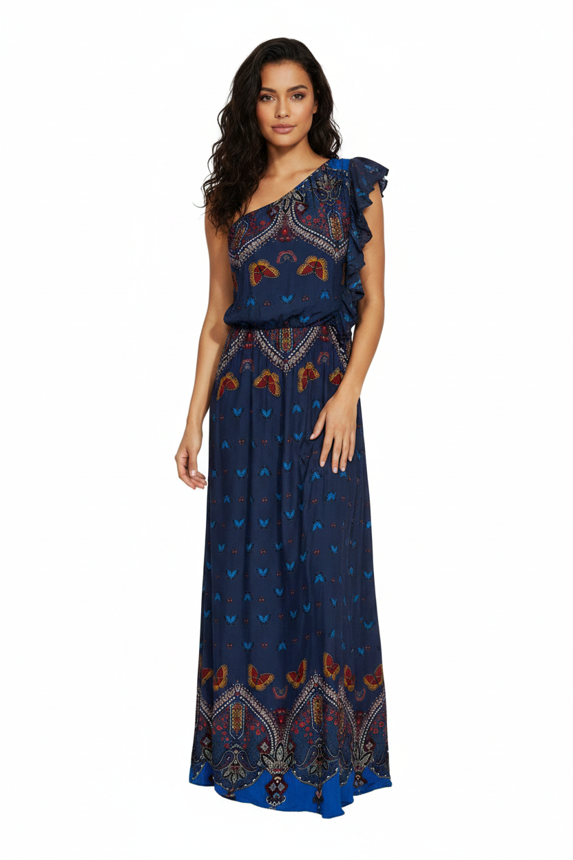 FARM RIO One-Shoulder Butterfly Print Maxi Dress Size M