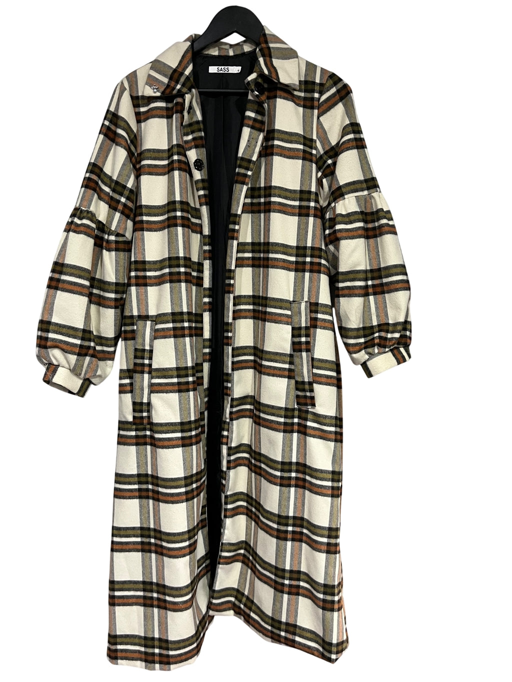 Sass Women's Plaid Longline Coat With Balloon Sleeves - Image 1