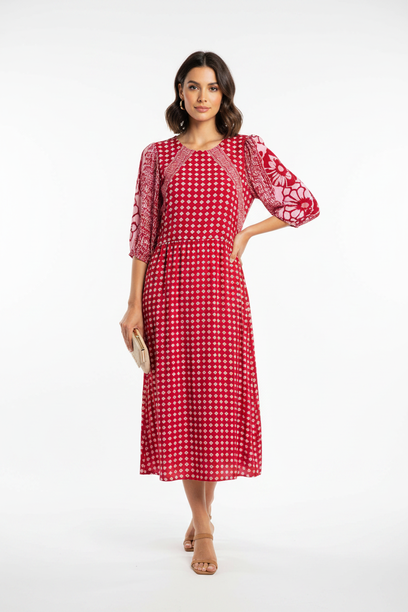 Verge Inspire Midi Dress Red Pink Mixed Print Size S New