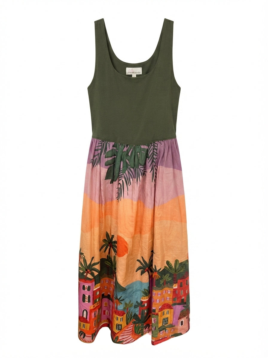 Peter Alexander Tropical Sunset Midi Dress Olive Green Size L - Image 1