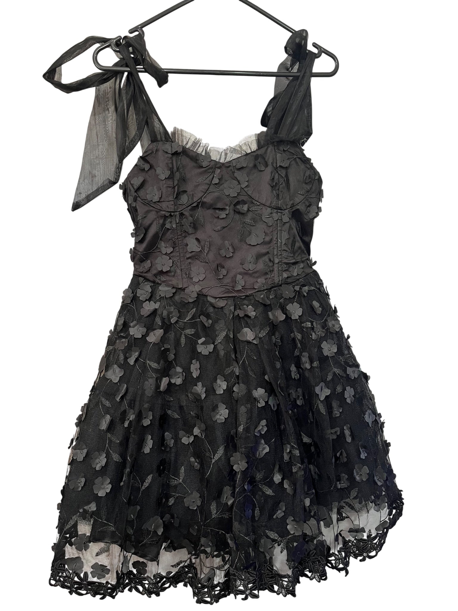 AURETTA Black 3D Floral Applique Corset Mini Dress With Tie Straps - Image 1