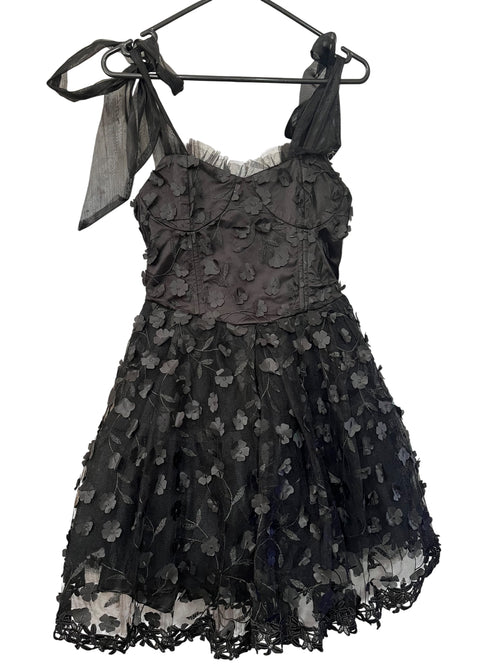 AURETTA Black 3D Floral Applique Corset Mini Dress With Tie Straps - Image 1