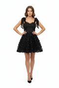 AURETTA Black 3D Floral Applique Corset Mini Dress With Tie Straps