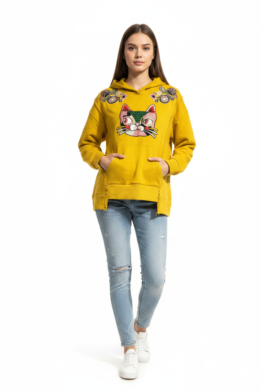 COLOR MIKIBANA Yellow Cat Embroidered Hoodie