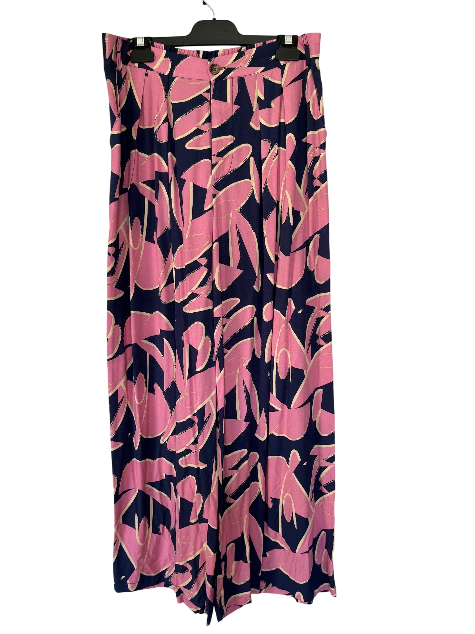 Fria Women's Navy And Pink Abstract Print Wide Leg Trousers Size 14 - Image 1