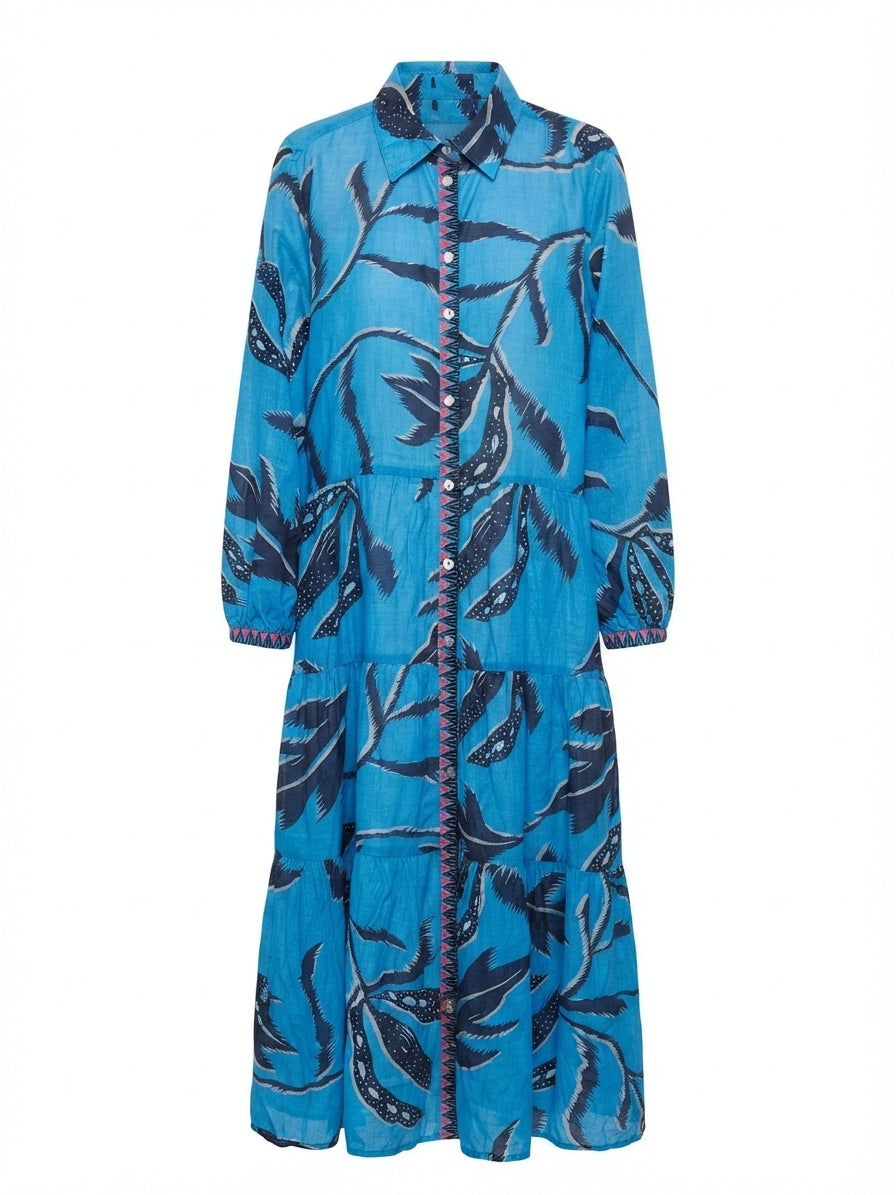 Gordon Smith Blue Tropical Tapestry Tiered Shirt Dress - Image 1