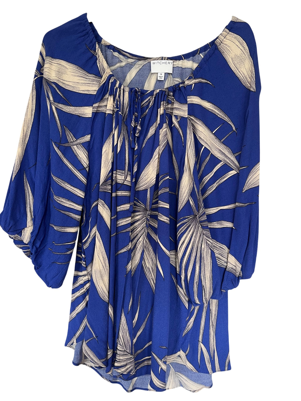 Witchery Blue and Cream Palm Leaf Print Blouse - Image 1