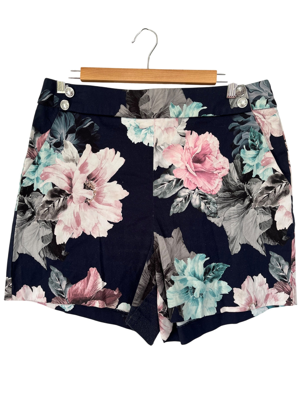 Portmans Navy Floral High-Waisted Shorts with Decorative Buttons Size 14 - Image 1