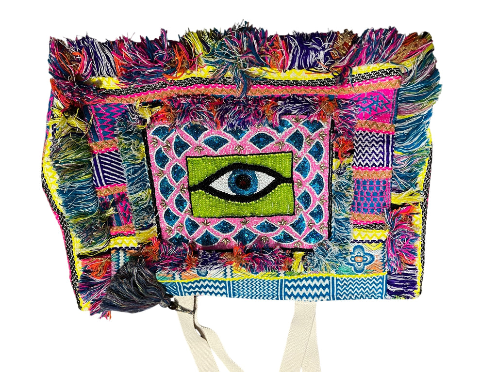 Boho Beaded Evil Eye Patchwork Tote Bag With Fringe - Image 1