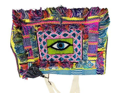 Boho Beaded Evil Eye Patchwork Tote Bag With Fringe - Image 1