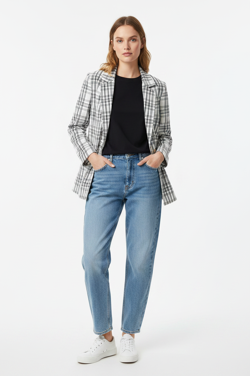 KOOKAÏ Women's Double-Breasted Plaid Blazer Jacket