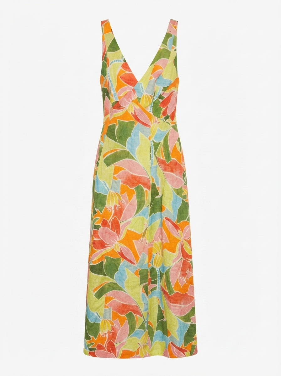 AERE Tropical Floral Linen Midi Dress - Image 1