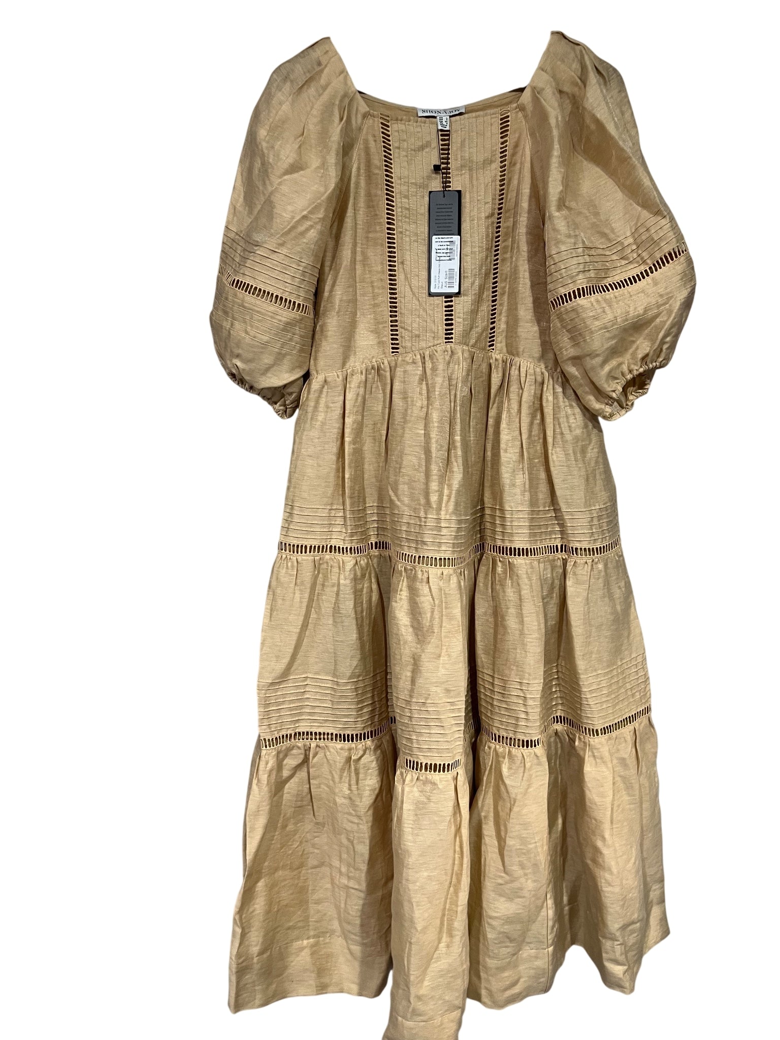 Shona Joy Pin Tuck Puff Sleeve Midi Dress Biscuit Size 6 - Image 1