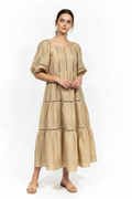 Shona Joy Pin Tuck Puff Sleeve Midi Dress Biscuit Size 6