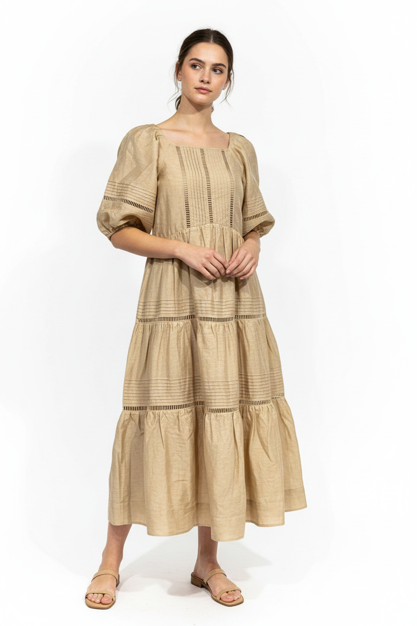 Shona Joy Pin Tuck Puff Sleeve Midi Dress Biscuit Size 6