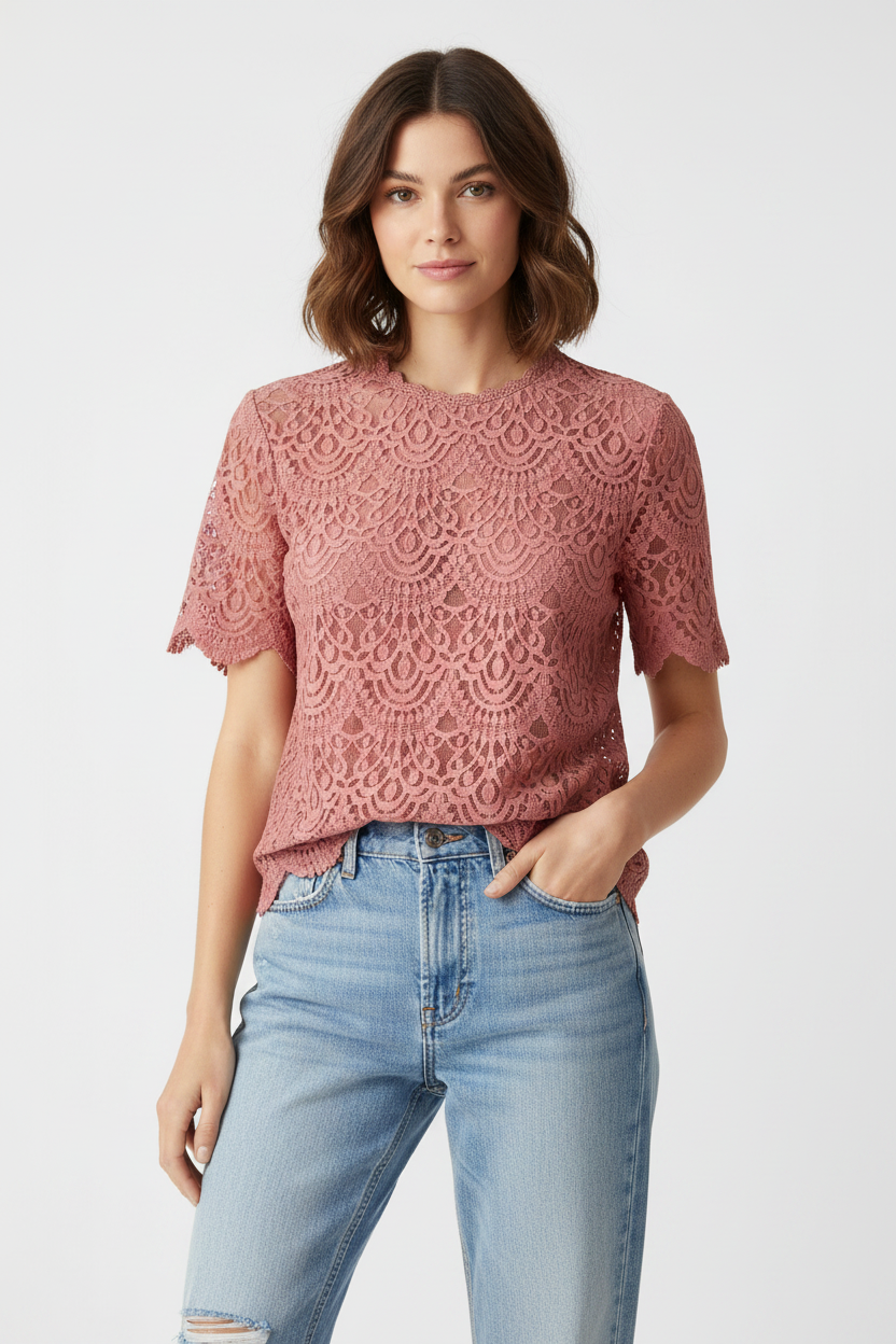 DECJUBA Dusty Rose Lace Short Sleeve Blouse Size L