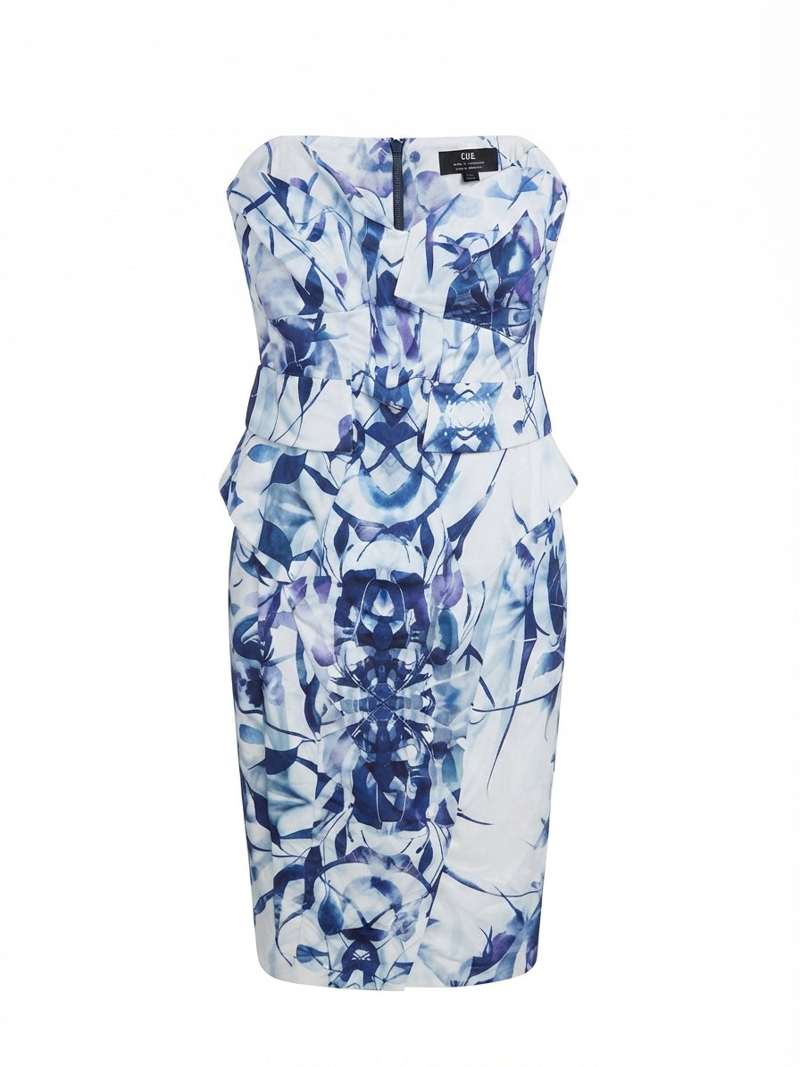 Cue Blue and White Floral Strapless Pencil Dress Size 12 - Image 1