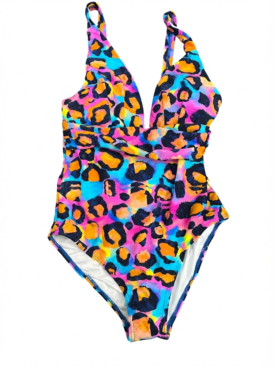 INFAMOUS Neon Leopard Print One-Piece Swimsuit Large - Image 1
