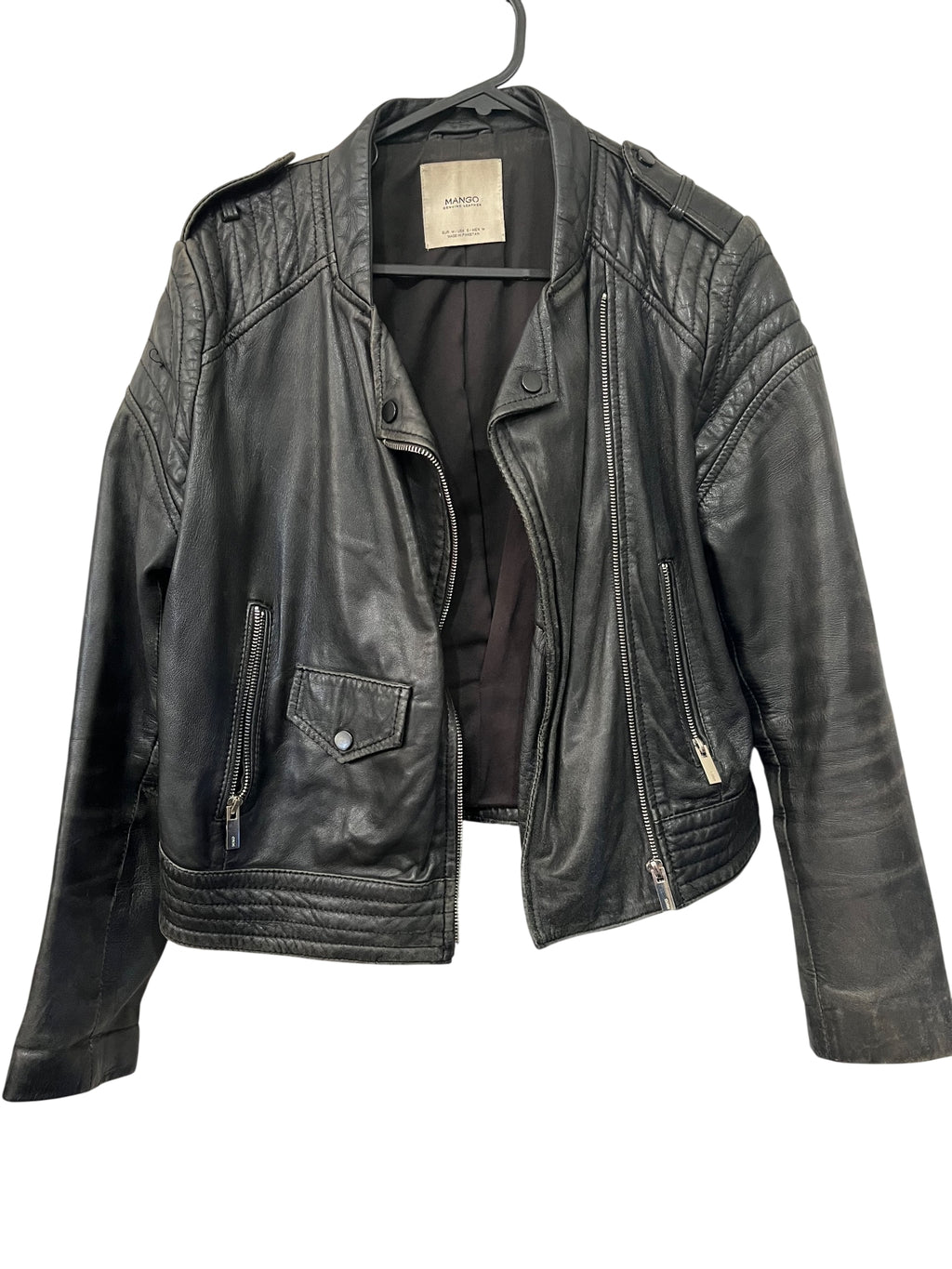 Mango Genuine Leather Biker Jacket Black - Image 1