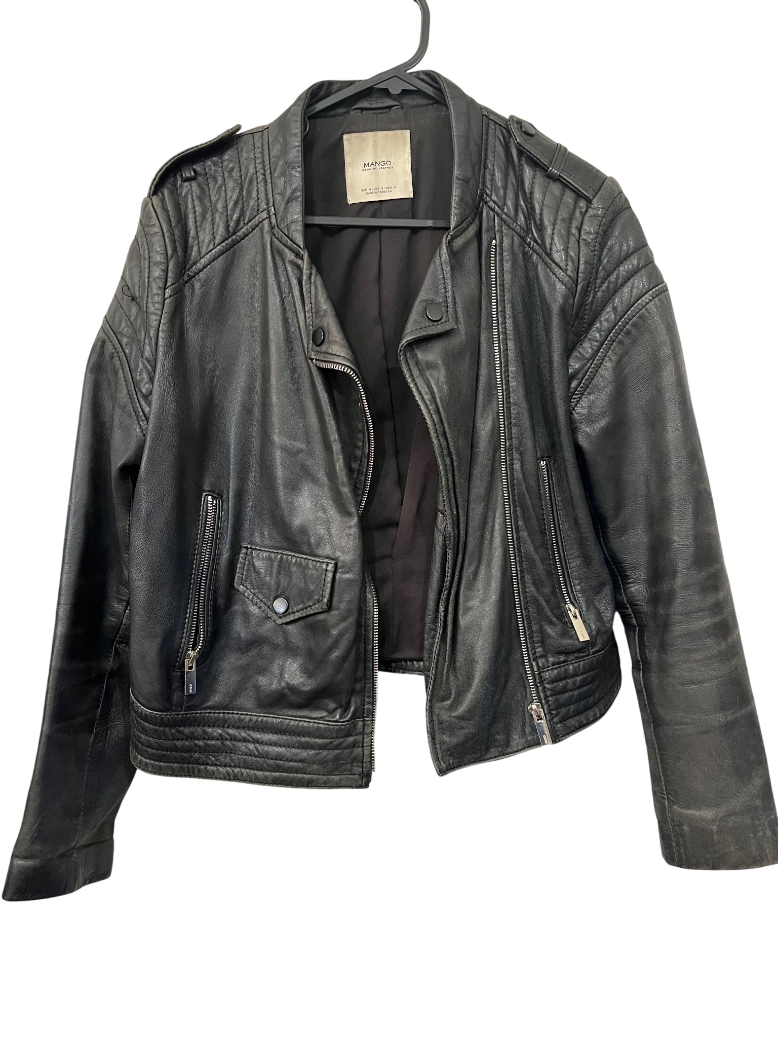 Mango Genuine Leather Biker Jacket Black - Image 1