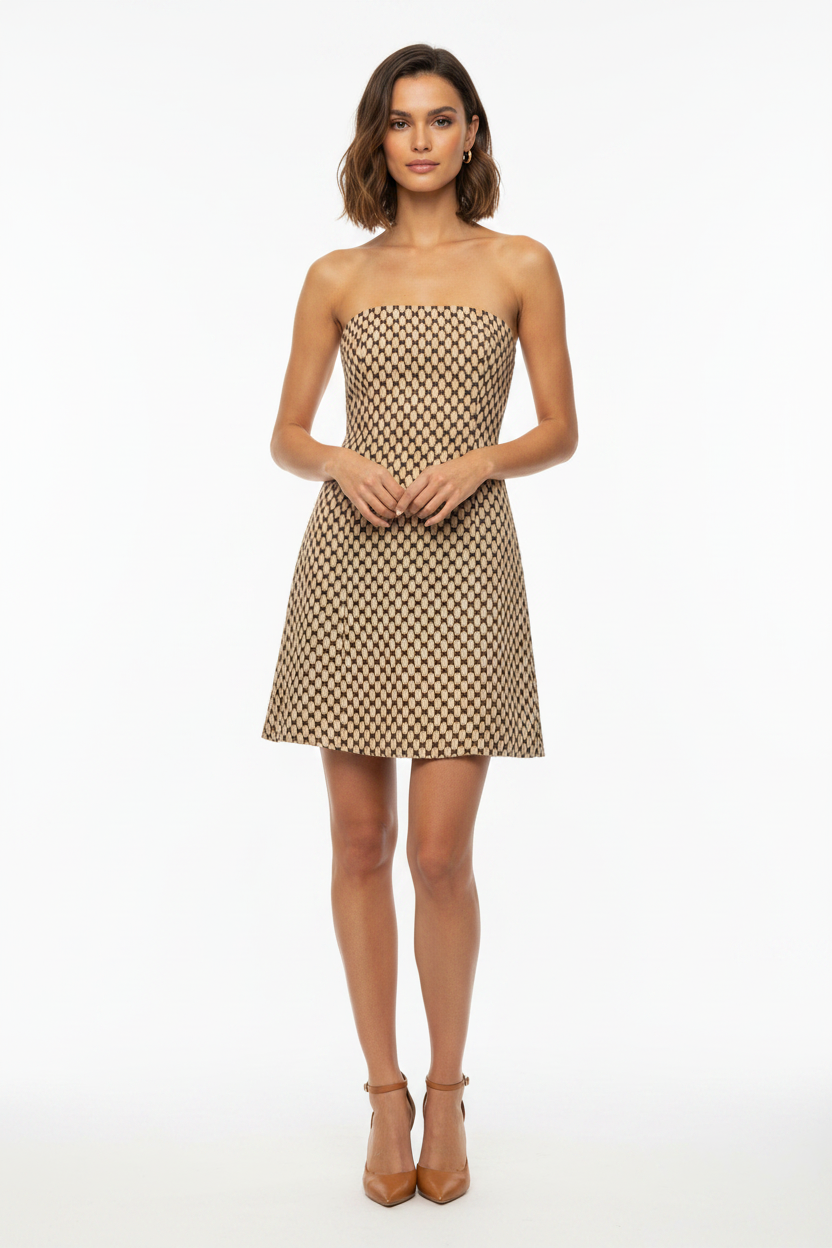 DISSH Geometric Print Strapless Mini Dress Brown Beige Size 8