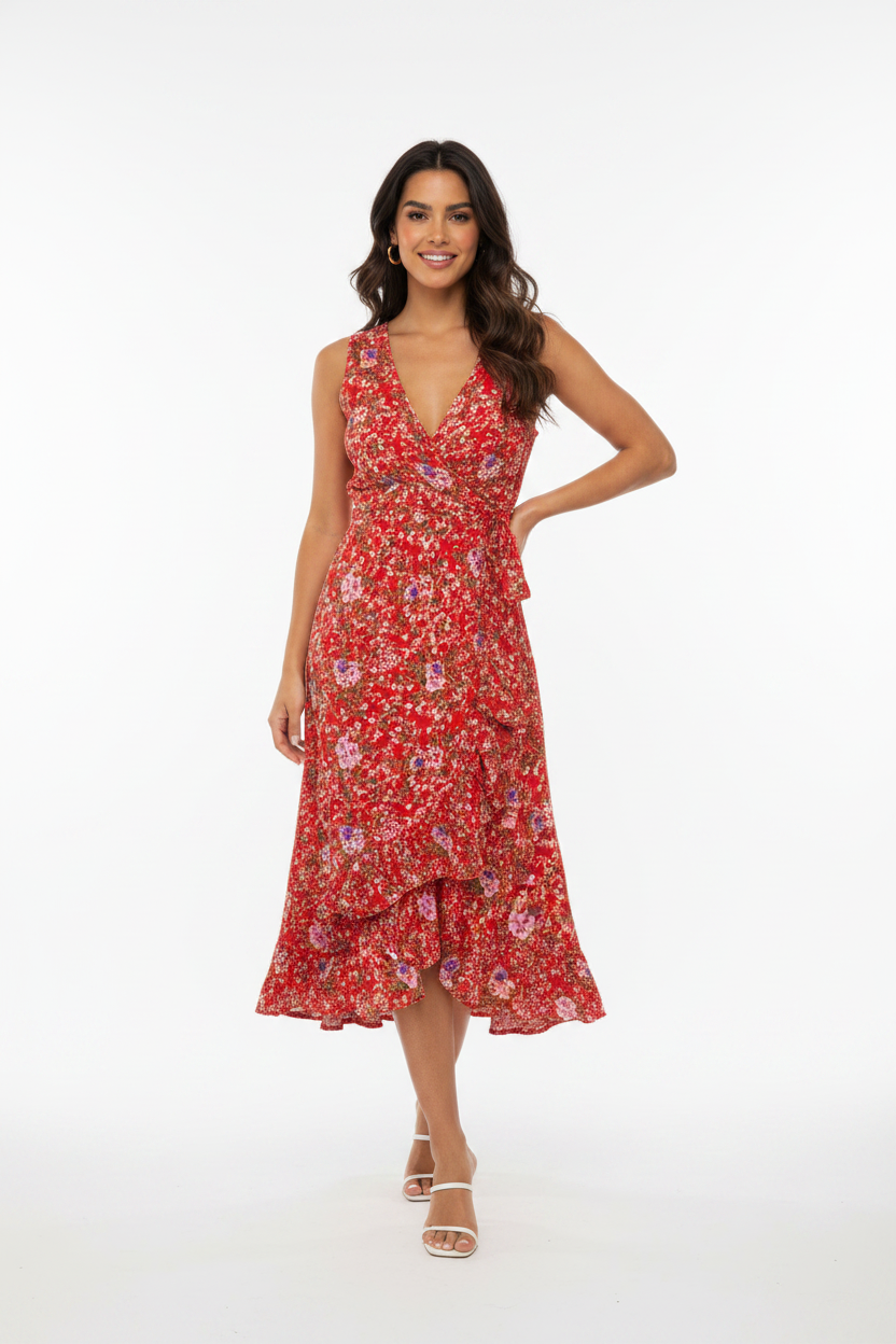 Auguste Red Floral Sleeveless Ruffle Hem Dress