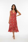 Auguste Red Floral Sleeveless Ruffle Hem Dress