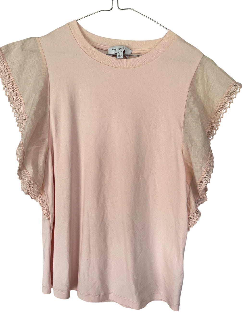 Witchery Pink Flutter Sleeve Lace Trim T-Shirt - Image 1