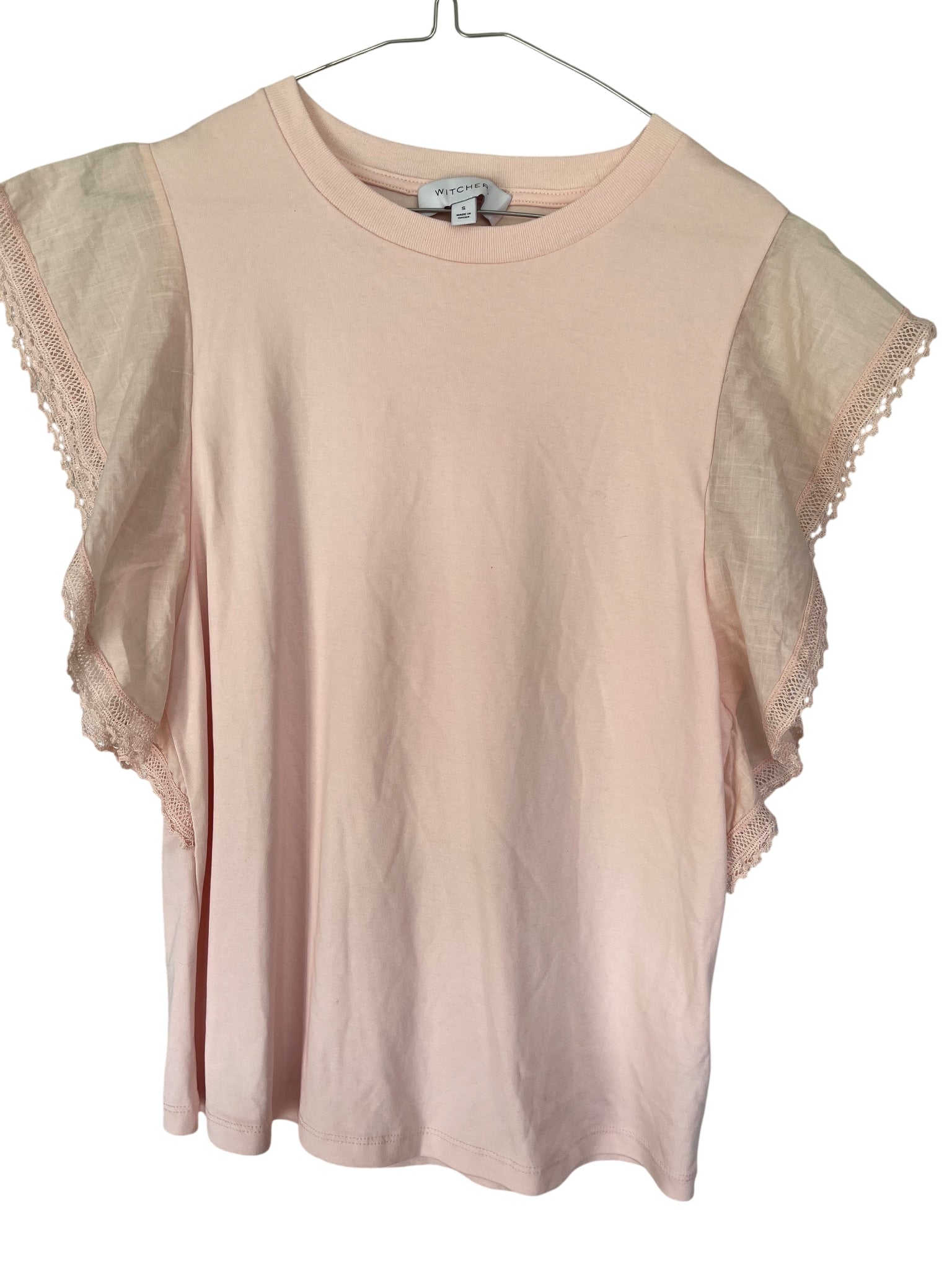 Witchery Pink Flutter Sleeve Lace Trim T-Shirt - Image 1