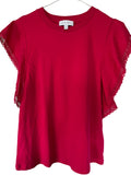 Witchery Red Cotton Flutter Sleeve Blouse With Lace Trim - Image 1