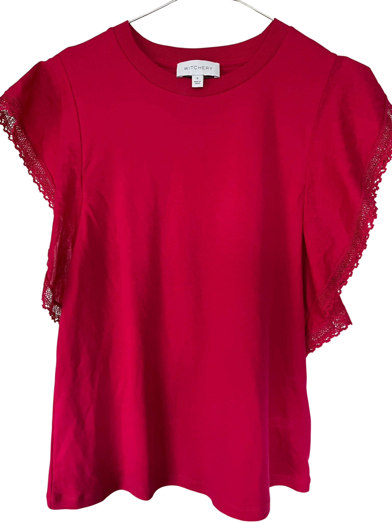 Witchery Red Cotton Flutter Sleeve Blouse With Lace Trim - Image 1